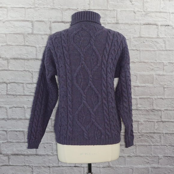 Vintage 80s Pure New Wool Scotland Cable Knit Chunky Turtleneck Sweater - Picture 2 of 5